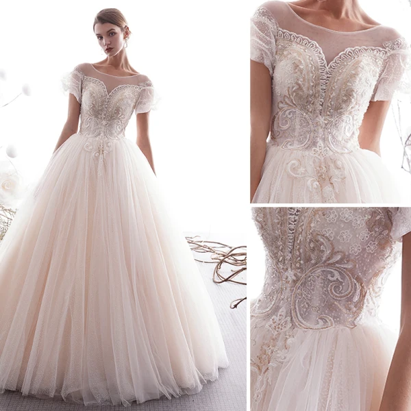 Élégant Champagne Robe De Mariée 2019 Princesse Encolure Dégagée Perlage En Dentelle Fleur Perle Paillettes Manches Courtes Dos Nu Longue