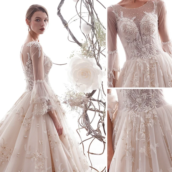 Chic / Belle Champagne Robe De Mariée 2019 Princesse Encolure Dégagée Papillon Appliques En Dentelle Fleur Cristal Paillettes 3/4 Manches Dos Nu Royal Train