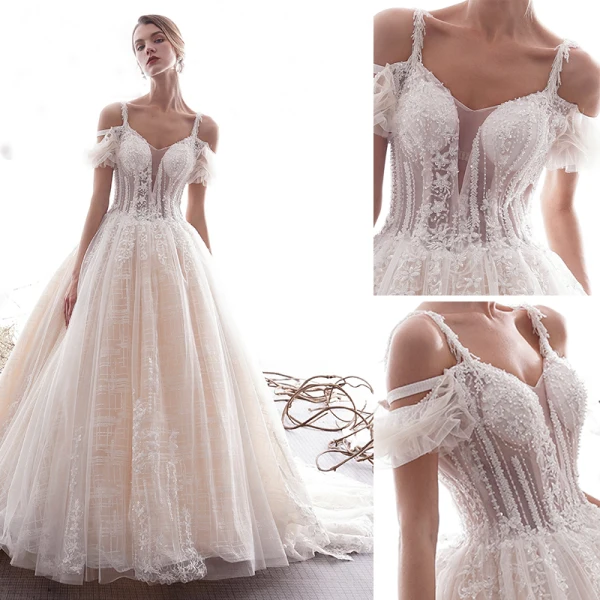 Charmant Champagne Robe De Mariée 2019 Princesse Bretelles Spaghetti Perlage Gland Paillettes En Dentelle Fleur Manches Courtes Dos Nu Cathedral Train