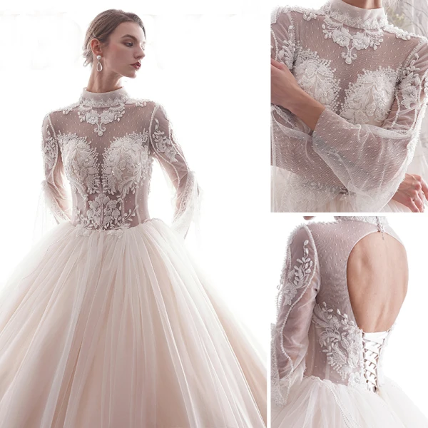 Chic / Beautiful Champagne 2019 Wedding Dresses A-Line / Princess High Neck Lace Flower Beading Crystal 3/4 Sleeve Backless Floor-Length / Long