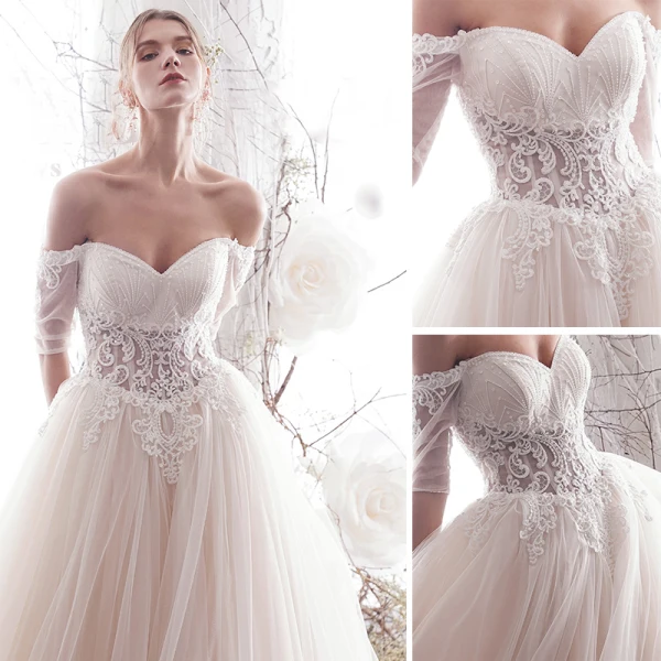 Chic / Beautiful Ivory Wedding Dresses 2019 A-Line / Princess Off-The-Shoulder Beading Lace Flower Short Sleeve Backless Floor-Length / Long