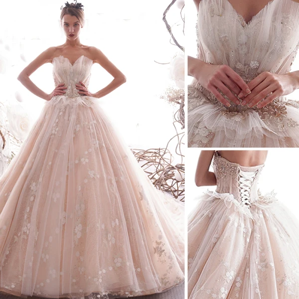 Luxury / Gorgeous Champagne Wedding Dresses 2019 A-Line / Princess Pleated Strapless Beading Lace Flower Sleeveless Backless Royal Train