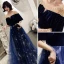 Modern / Fashion Navy Blue Evening Dresses  2019 A-Line / Princess V-Neck Glitter Star Rhinestone 1/2 Sleeves Backless Floor-Length / Long Formal Dresses