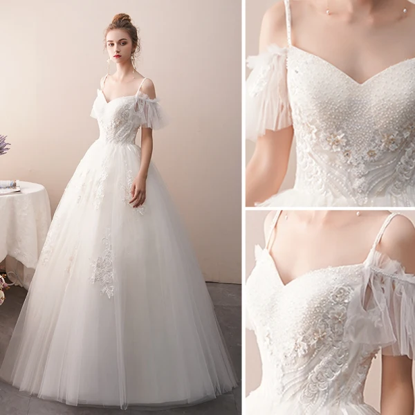 Charming Ivory Wedding Dresses 2019 A-Line / Princess Spaghetti Straps Beading Lace Flower Short Sleeve Backless Floor-Length / Long