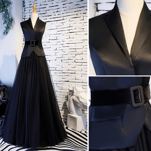 Vintage / Retro Black Prom Dresses 2019 A-Line / Princess V-Neck Sash Sleeveless Floor-Length / Long Formal Dresses