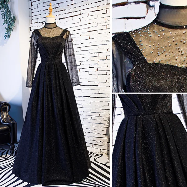 Elegant Vintage / Retro Black Prom Dresses 2019 A-Line / Princess High Neck Rhinestone Long Sleeve Floor-Length / Long Formal Dresses