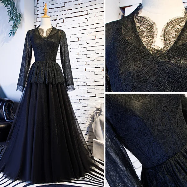 Elegant Vintage / Retro Black Prom Dresses 2019 A-Line / Princess Scoop Neck Lace Tassel Long Sleeve Floor-Length / Long Formal Dresses