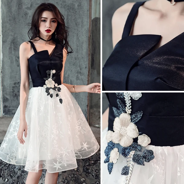 Modern / Fashion Black Homecoming Graduation Dresses 2019 A-Line / Princess Lace Appliques Star Shoulders Sleeveless Backless Knee-Length Formal Dresses