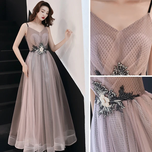 Modern / Fashion Blushing Pink Evening Dresses 2019 A-Line / Princess Appliques Lace Spaghetti Straps Sleeveless Backless Floor-Length / Long Formal Dresses