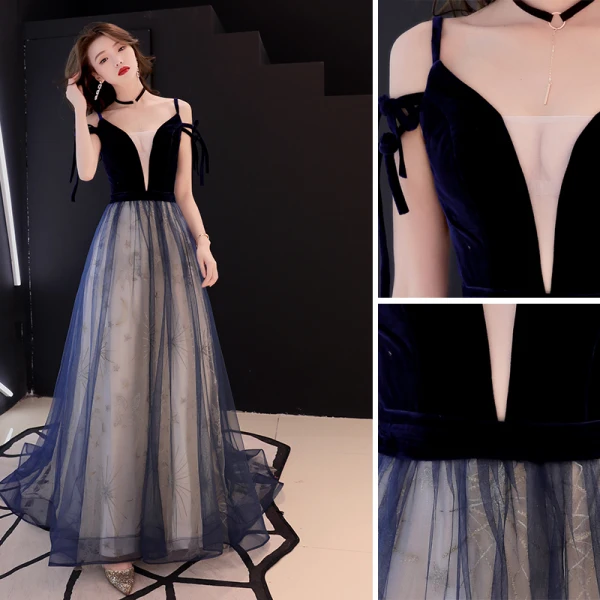 Elegante Marineblau Abendkleider 2019 A Linie Spaghettiträger Wildleder Spitze Star Ärmellos Rückenfreies Sweep / Pinsel Zug Festliche Kleider