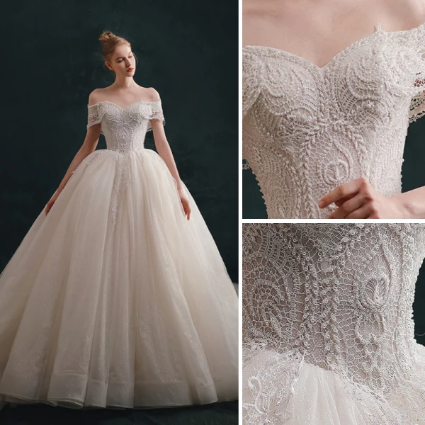Luxury / Gorgeous Ivory Wedding Dresses 2021 Ball Gown Off-The-Shoulder Beading Lace Flower Short Sleeve Backless Royal Train Wedding