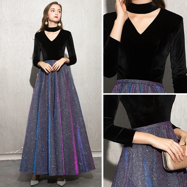 Sjarmerende Svart Stjernehimmelen Selskapskjoler 2019 Prinsesse Høy Hals Suede Glitter Polyester 3/4 Ermer Lange Formelle Kjoler