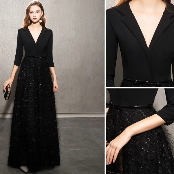 Élégant Noire Robe De Soirée 2019 Princesse V-Cou Noeud Paillettes Gland 3/4 Manches Longue Robe De Ceremonie