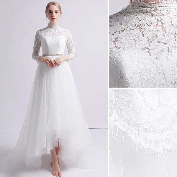 Vintage / Retro Ivory Beach Wedding Dresses 2019 A-Line / Princess High Neck Lace Bow 3/4 Sleeve Sweep Train