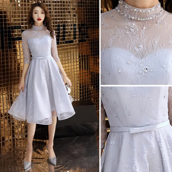 Elegant Grey Homecoming Graduation Dresses 2019 A-Line / Princess High Neck Sequins Lace Flower Bow 3/4 Sleeve Knee-Length Formal Dresses
