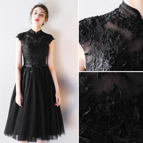 Chic / Belle Noire de retour Robe De Graduation 2019 Princesse Col Haut En Dentelle Fleur Noeud Sans Manches Dos Nu Courte Robe De Ceremonie