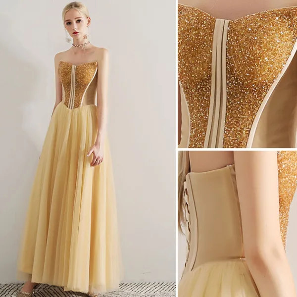 Sexy Gold Prom Dresses 2019 A-Line / Princess Strapless Beading Crystal Sleeveless Backless Floor-Length / Long Formal Dresses