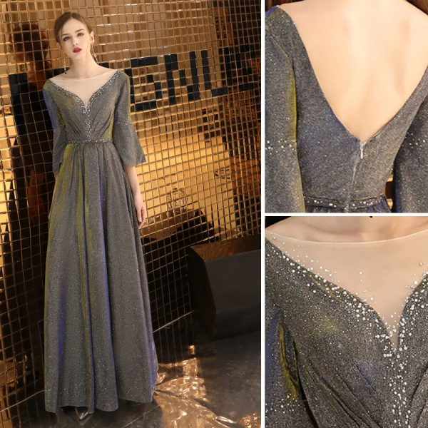Elegant Grey Evening Dresses  2019 A-Line / Princess Scoop Neck Sequins 3/4 Sleeve Backless Floor-Length / Long Formal Dresses