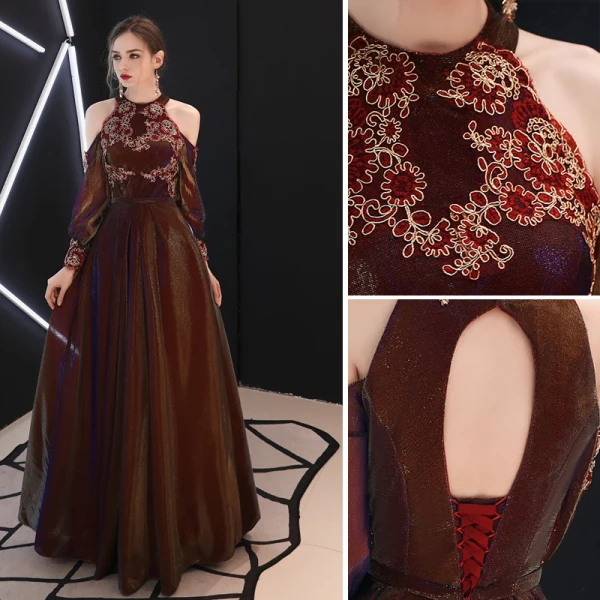Chic / Belle Bordeaux Robe De Soirée Princesse Bustier En Dentelle Fleur Gonflée Manches Longues Dos Nu Longue Robe De Ceremonie