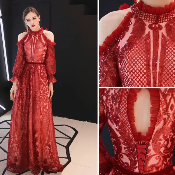 Chic / Belle Bordeaux Robe De Soirée 2019 Princesse Bustier Dentelle Paillettes Gonflée Manches Longues Dos Nu Longue Robe De Ceremonie