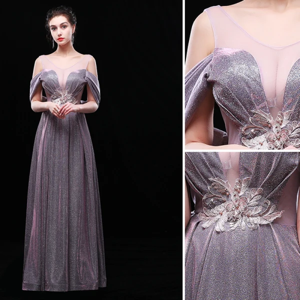 Charming Silver Evening Dresses  2019 A-Line / Princess V-Neck Glitter Polyester Lace Flower Sleeveless Backless Floor-Length / Long Formal Dresses