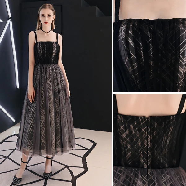 Fine Svart Homecoming Graduation Kjoler 2019 Prinsesse Spaghettistropper Uten Ermer Ryggløse Te-lengde Formelle Kjoler