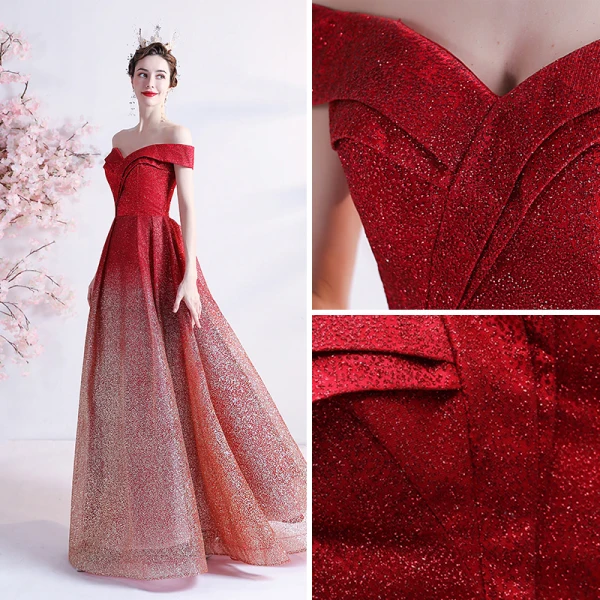 Scintillantes Sexy Dégradé De Couleur Rouge Robe De Bal 2021 Princesse De l'épaule Glitter Paillettes Sans Manches Dos Nu Longue Robe De Ceremonie