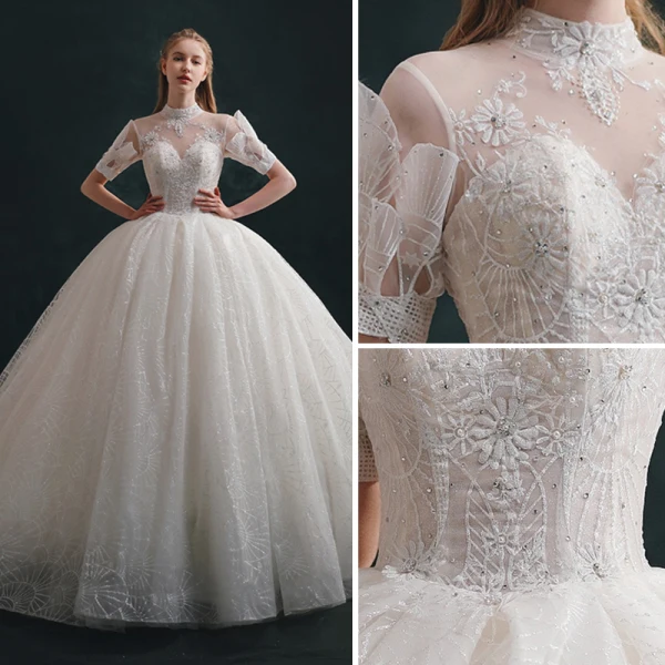 Chic / Belle Gris Fait main Perlage Robe De Soirée 2018 Trompette / Sirène Dentelle Fleur Paillettes V-Cou Dos Nu Sans Manches Train De Balayage Robe De Ceremonie