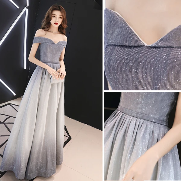 Charmant Silber Farbverlauf Abendkleider 2019 A Linie Off Shoulder Glanz Polyester Kurze Ärmel Rückenfreies Lange Festliche Kleider