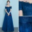 Chic / Beautiful Navy Blue Evening Dresses  2019 A-Line / Princess Off-The-Shoulder Lace Flower Short Sleeve Backless Floor-Length / Long Formal Dresses