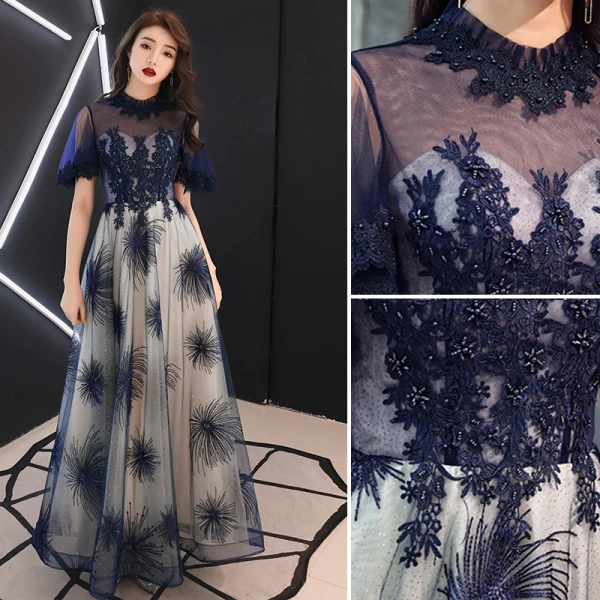 Elegant Navy Blue Evening Dresses  2019 A-Line / Princess Scoop Neck Beading Lace Flower Short Sleeve Backless Floor-Length / Long Formal Dresses