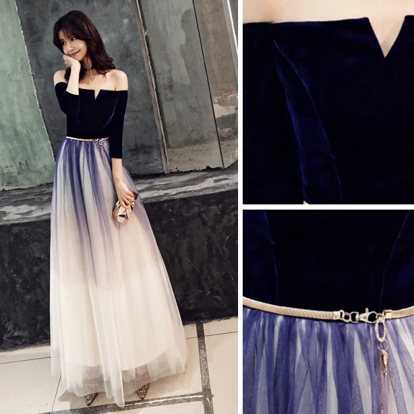 Elegant Gradient-Color Navy Blue Evening Dresses 2019 A-Line / Princess Suede Off-The-Shoulder Metal Sash 3/4 Sleeve Backless Floor-Length / Long Formal Dresses
