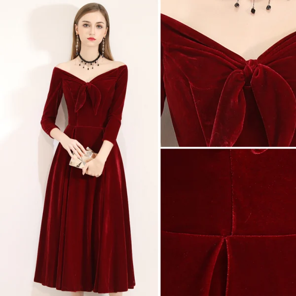Chic / Beautiful Burgundy Homecoming Graduation Dresses 2019 A-Line / Princess Suede V-Neck Bow 3/4 Sleeve Backless Tea-length Formal Dresses