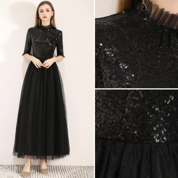Chic / Belle Noire de retour Robe De Graduation 2019 Princesse Col Haut Paillettes 1/2 Manches Longueur Cheville Robe De Ceremonie