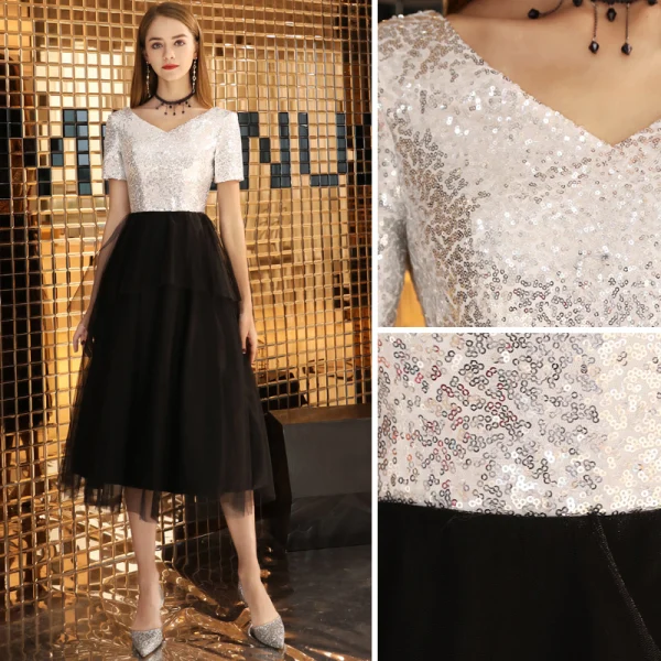 Modern / Fashion Black Homecoming Graduation Dresses 2019 A-Line / Princess V-Neck Sequins Short Sleeve Backless Tea-length Formal Dresses