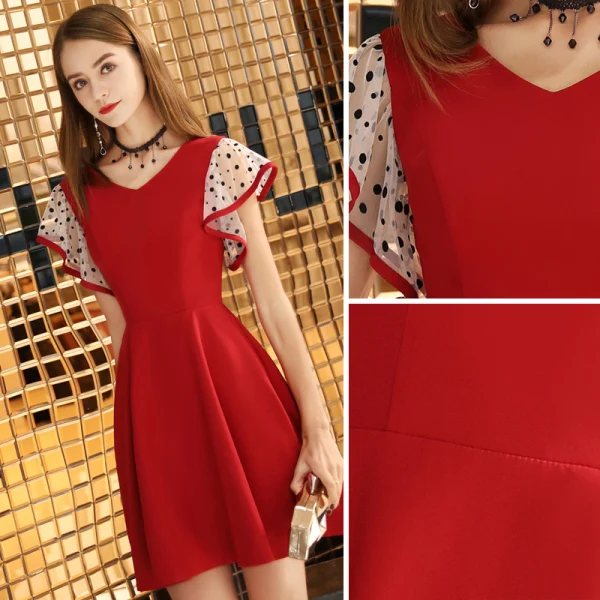 Chic / Beautiful Burgundy Homecoming Graduation Dresses 2019 A-Line / Princess V-Neck Spotted Short Sleeve Backless Short Formal Dresses