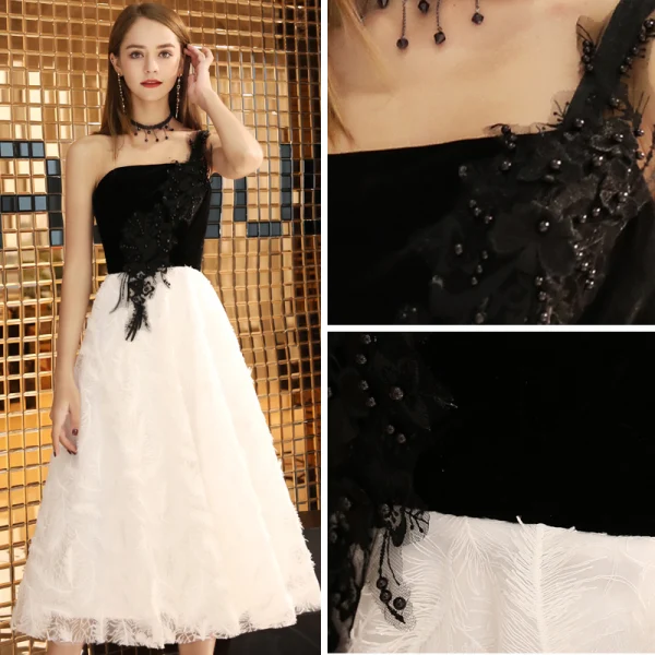 Chic / Belle Noire Robe De Soirée 2019 Princesse Une épaule En Dentelle Daim Sans Manches Dos Nu Thé Longueur Robe De Ceremonie