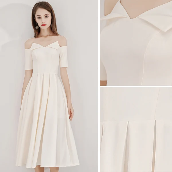 Chic / Beautiful Champagne Homecoming Graduation Dresses 2019 A-Line / Princess Off-The-Shoulder Short Sleeve Backless Tea-length Formal Dresses