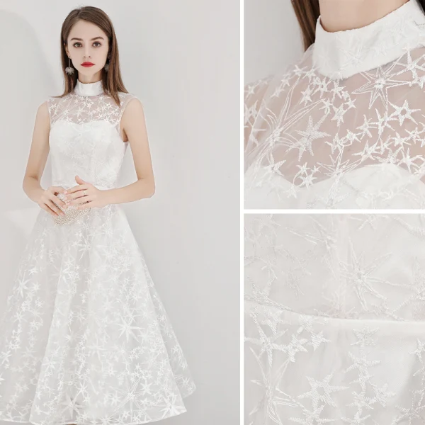 Modern / Fashion White Homecoming Graduation Dresses 2019 A-Line / Princess High Neck Lace Star Sleeveless Floor-Length / Long Formal Dresses
