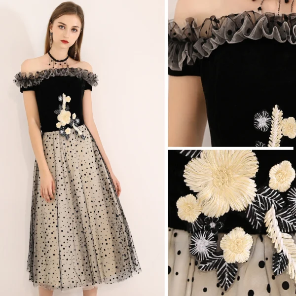 Chic / Beautiful Black Homecoming Graduation Dresses 2019 A-Line / Princess Off-The-Shoulder Suede Appliques Lace Spotted Sleeveless Backless Tea-length Formal Dresses
