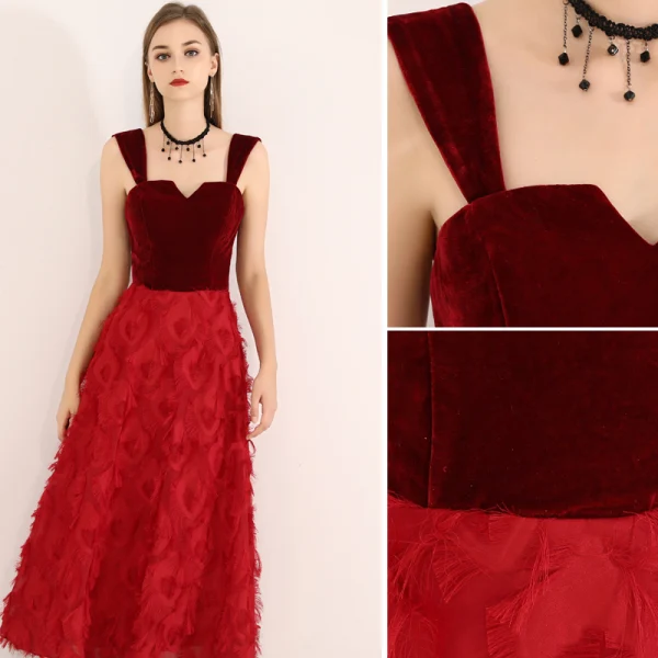 Chic / Beautiful Burgundy Evening Dresses 2019 A-Line / Princess Shoulders Suede Tassel Sleeveless Tea-length Formal Dresses