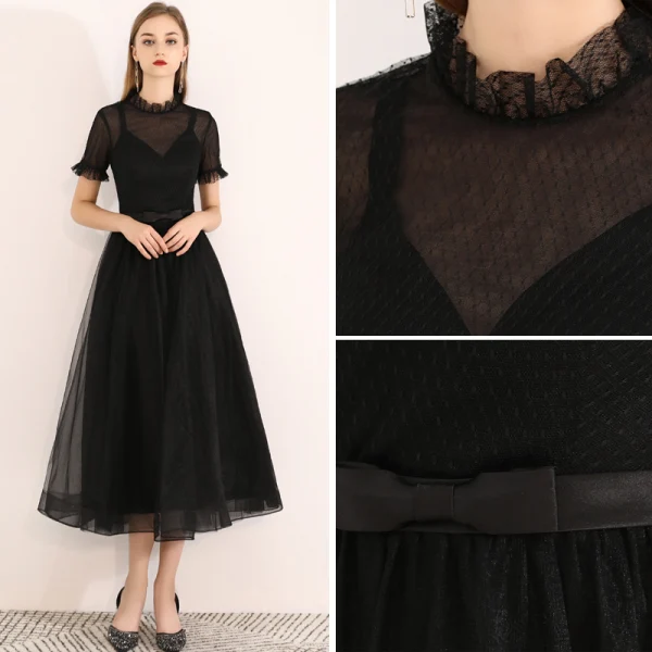 Chic / Beautiful Black Homecoming Graduation Dresses 2019 A-Line / Princess Scoop Neck Short Sleeve Bow Tea-length Formal Dresses