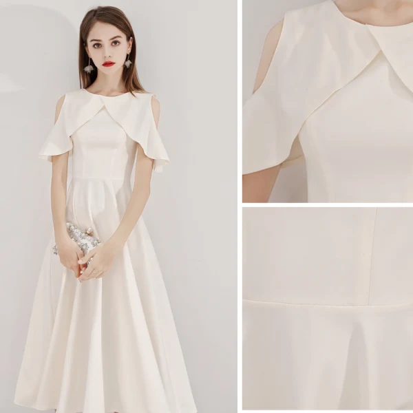 Modest / Simple Champagne Homecoming Graduation Dresses 2019 A-Line / Princess Scoop Neck Short Sleeve Tea-length Formal Dresses