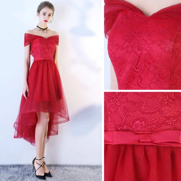 Chic / Beautiful Burgundy Cocktail Dresses 2019 A-Line / Princess Off-The-Shoulder Lace Flower Bow Short Sleeve Asymmetrical Formal Dresses