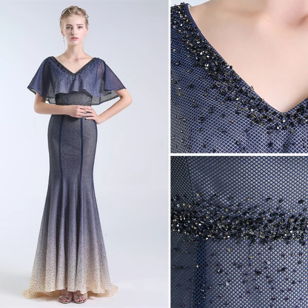 Luxus / Herrlich Marineblau Abendkleider 2019 Meerjungfrau V-Ausschnitt Perlenstickerei Kristall Strass Kurze Ärmel Rückenfreies Sweep / Pinsel Zug Festliche Kleider