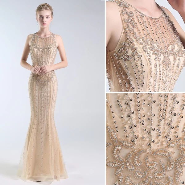Luxury / Gorgeous Gold Evening Dresses 2019 Trumpet / Mermaid Scoop Neck Handmade Beading Crystal Pearl Sequins Sleeveless Floor-Length / Long Formal Dresses