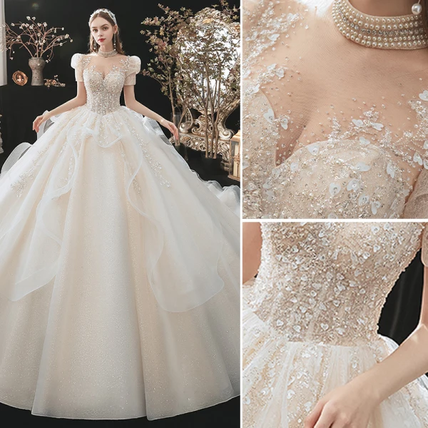 Modern / Fashion Champagne Wedding Dresses 2021 Ball Gown Scoop Neck Beading Sequins Pearl Lace Flower Appliques Short Sleeve Backless Royal Train Wedding