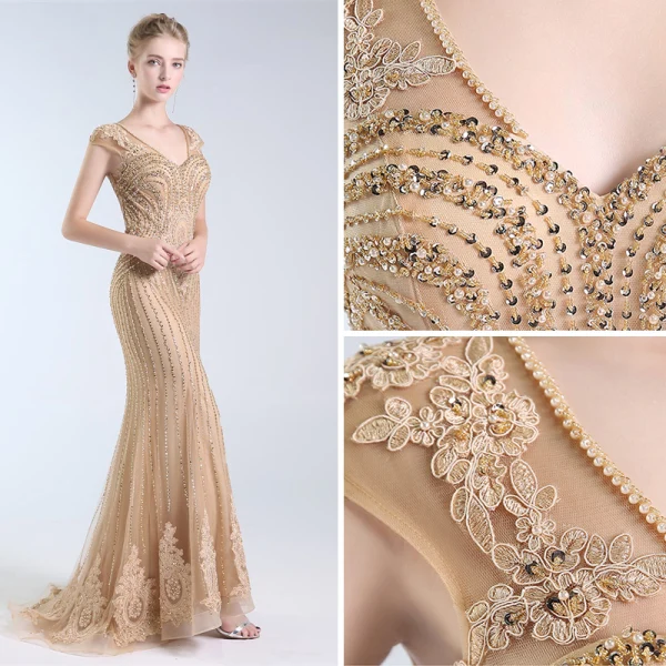 Luxury / Gorgeous Gold Handmade Beading Evening Dresses 2019 Trumpet / Mermaid V-Neck Crystal Lace Flower Sequins Sleeveless Floor-Length / Long Formal Dresses