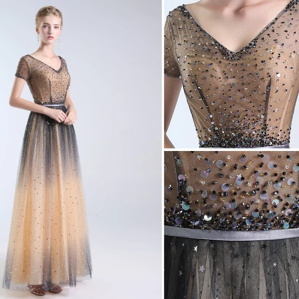 Luxury / Gorgeous Champagne Handmade Beading Prom Dresses 2019 A-Line / Princess V-Neck Sequins Star Crystal Short Sleeve Backless Floor-Length / Long Formal Dresses