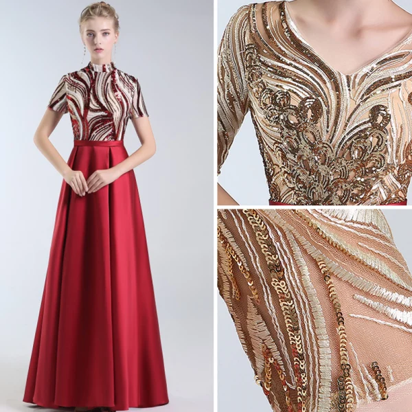 Luxury / Gorgeous Burgundy Evening Dresses 2019 Trumpet / Mermaid V-Neck Lace Sequins 1/2 Sleeves Backless Floor-Length / Long Formal Dresses